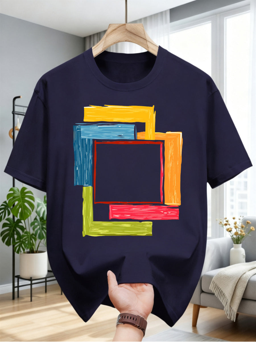 2026 Men'S Casual Short Sleeve T-Shirt with Hand-Painted Multi-Color Square Pattern Design - Summer Round Neck Tee Suitable for Beach, Picnic, And Casual Wear - Hand Washable Art Top, Regular Fit, 100%, Machine Washable, Sizes S-2XL - Dark Navy Color