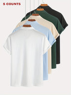 5Pcss Summer Casual Athletic Jacquard Knit Short Sleeve Polo Shirt Set, Textured Short Sleeve Polo Top 5Pcss Pc - Mix color 5