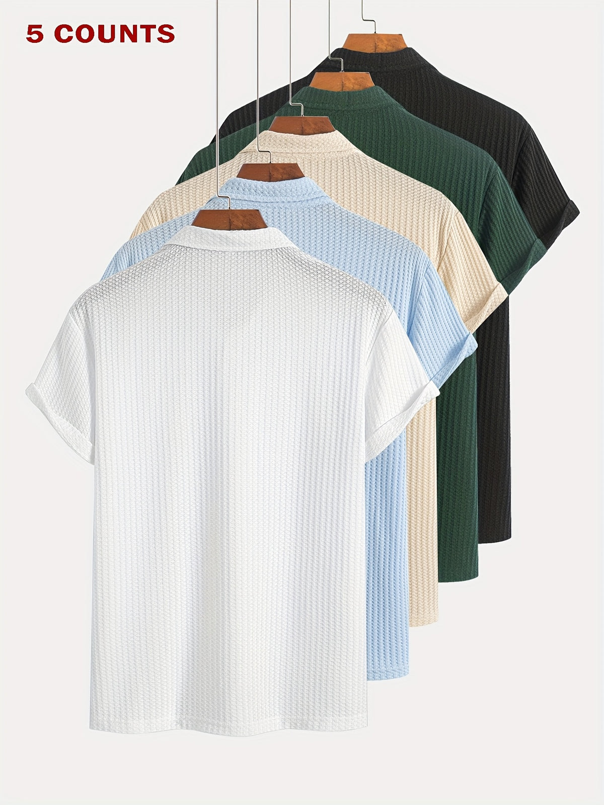 5Pcss Summer Casual Athletic Jacquard Knit Short Sleeve Polo Shirt Set, Textured Short Sleeve Polo Top 5Pcss Pc - Mix color 5