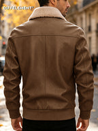 Men'S Plush Collar Distressed Flight Jacket, Thickened Warm Lining Vintage Texture Fabric Zipper Pockets Shield Badge Slim Short Style Fall Winter Riding Commute American Casual Windproof Durable Coat - Dark Brown