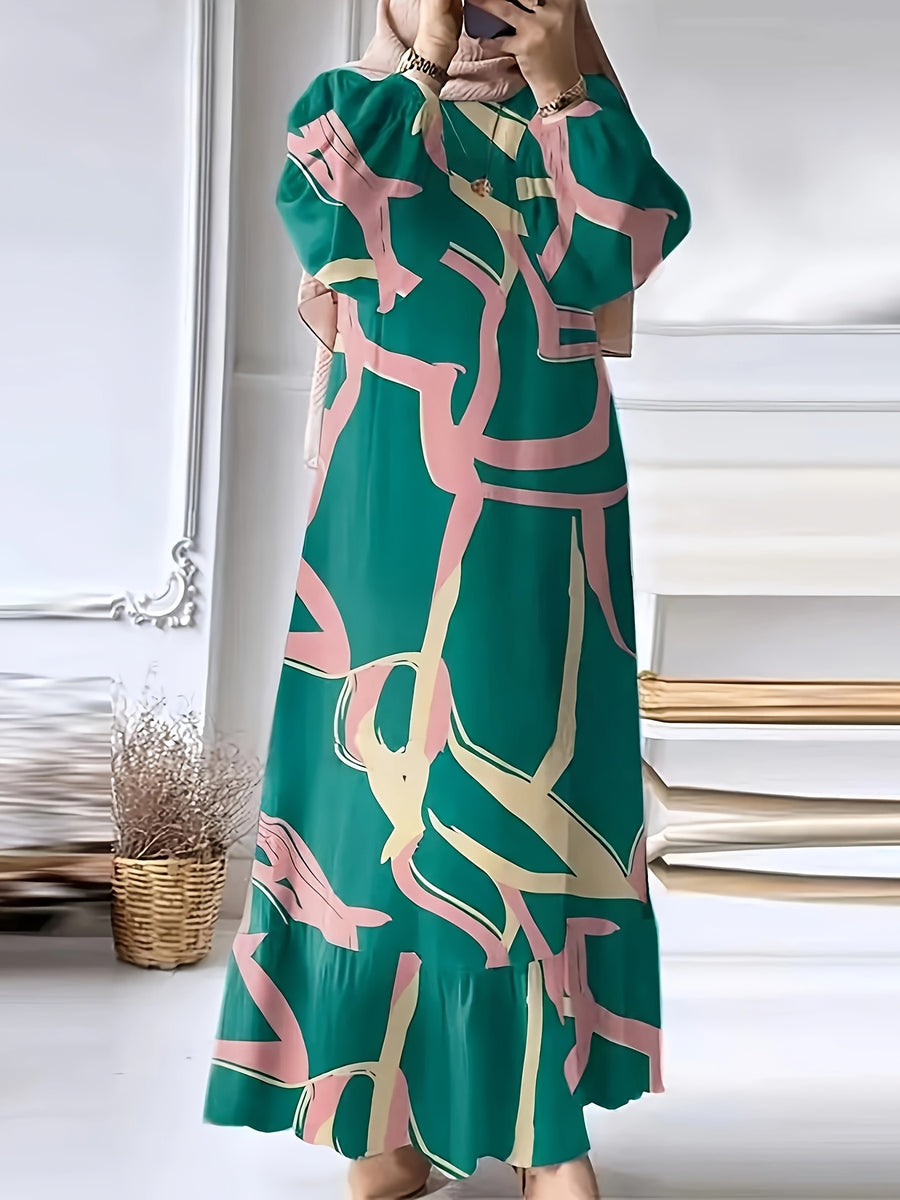 Fashion Printed Muslim Women'S Dress Long Sleeve Retro Loose Maxi Dress Ruffle - Green