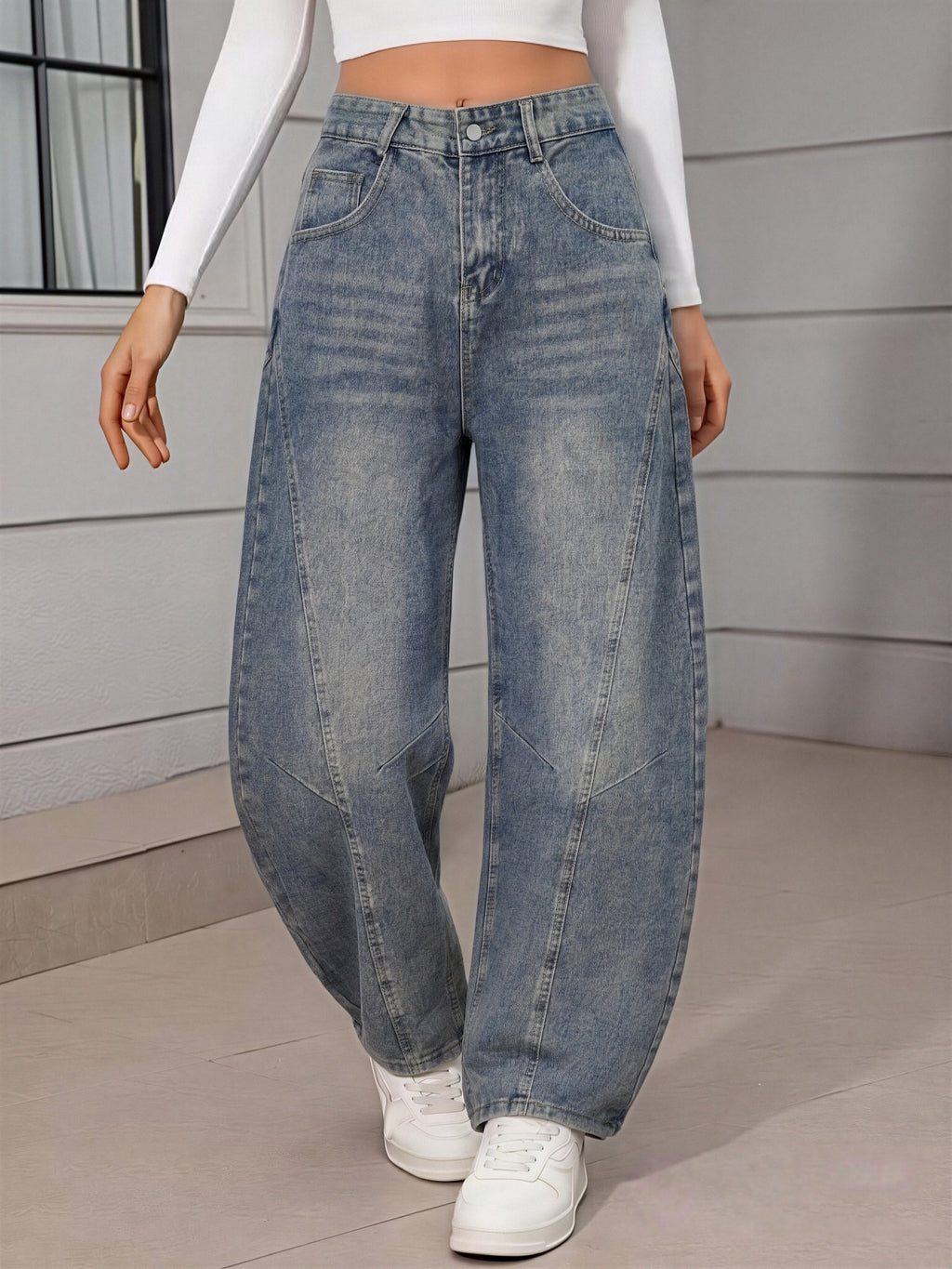 Women'S Vintage Blue Loose Jeans, High-Waist Curved Seam Wide-Leg Bootcut Pants, Casual Street Daily Trousers - 6622 Vintage Blue - Dark Cyan