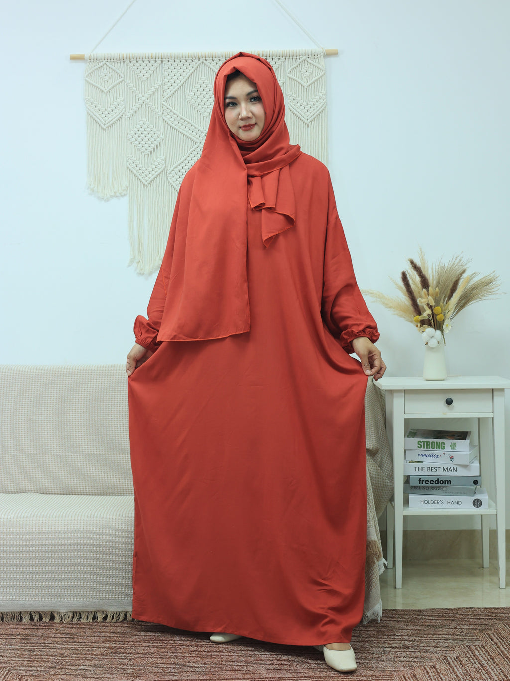 Middle Eastern Traditional Women's Elegant Arabic-style Scarf One-piece Dress, Solid Color Robe, Suitable for Islamic Holiday Attire During Ramadan/Eid Al-Fitr/Eid Al-Adha - Burgundy