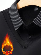 Autumn/Winter Men's 2-in-1 Look Shirt Collar Top with Striped Sleeves, Thick and Warm, Well-Fitted Cut, Versatile Pullover for Commuting - Black