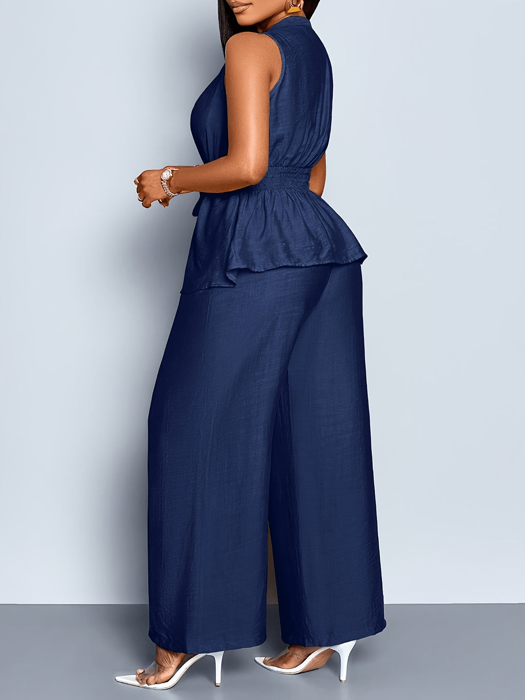 Women's Spring/Summer Elegant Vacation Style Daily Wear Sleeveless Top with Asymmetric Hem + Wide-Leg Pants 2pcs Set, Casual 2pcs Outfit for Wedding Season, Music Festivals, Easter, Western, Bohemian, Nashville Style, Parties, Weddings - Navy Color