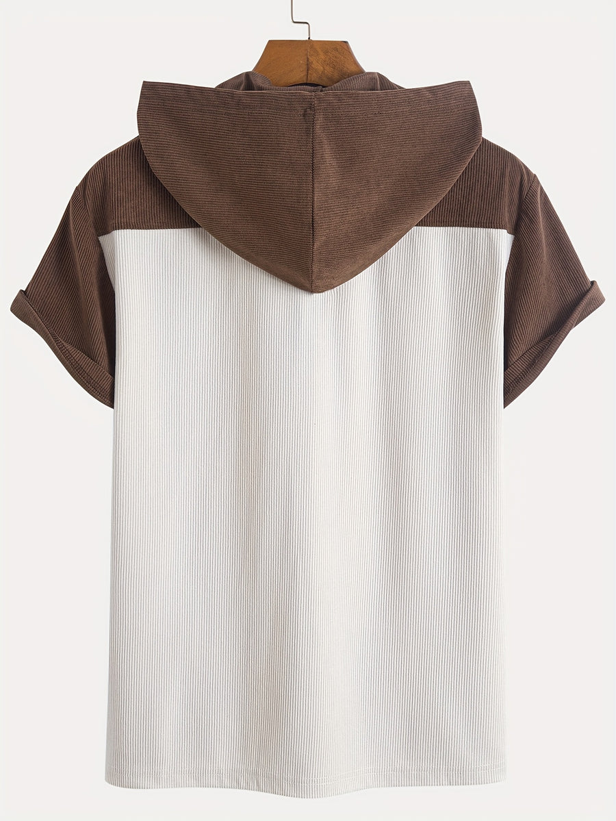 Men'S Fashion Classic Color-Blocked Corduroy Hooded Half-Button Design Suitable for Daily Casual Wear, Easy And Stylish for Outings, Commuting, And Street Trends, New Short-Sleeve Hoodie for Summer - Apricot