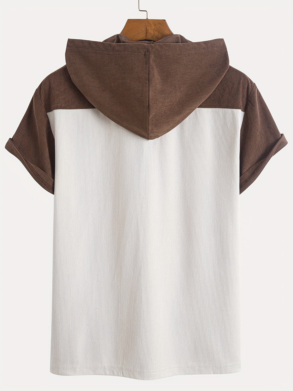 Men'S Fashion Classic Color-Blocked Corduroy Hooded Half-Button Design Suitable for Daily Casual Wear, Easy And Stylish for Outings, Commuting, And Street Trends, New Short-Sleeve Hoodie for Summer - Apricot