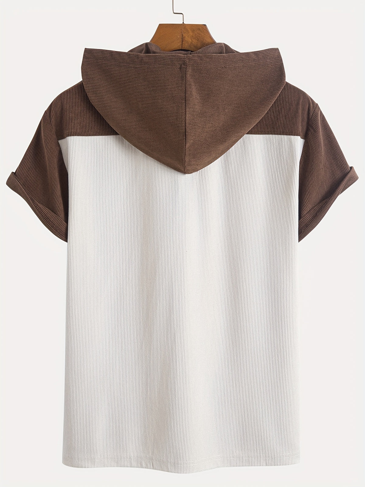 Men'S Fashion Classic Color-Blocked Corduroy Hooded Half-Button Design Suitable for Daily Casual Wear, Easy And Stylish for Outings, Commuting, And Street Trends, New Short-Sleeve Hoodie for Summer - Apricot