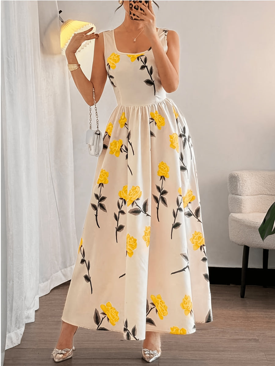 Floral Printed Square Collar Sleeveless Summer Elegant Dress - Yellow
