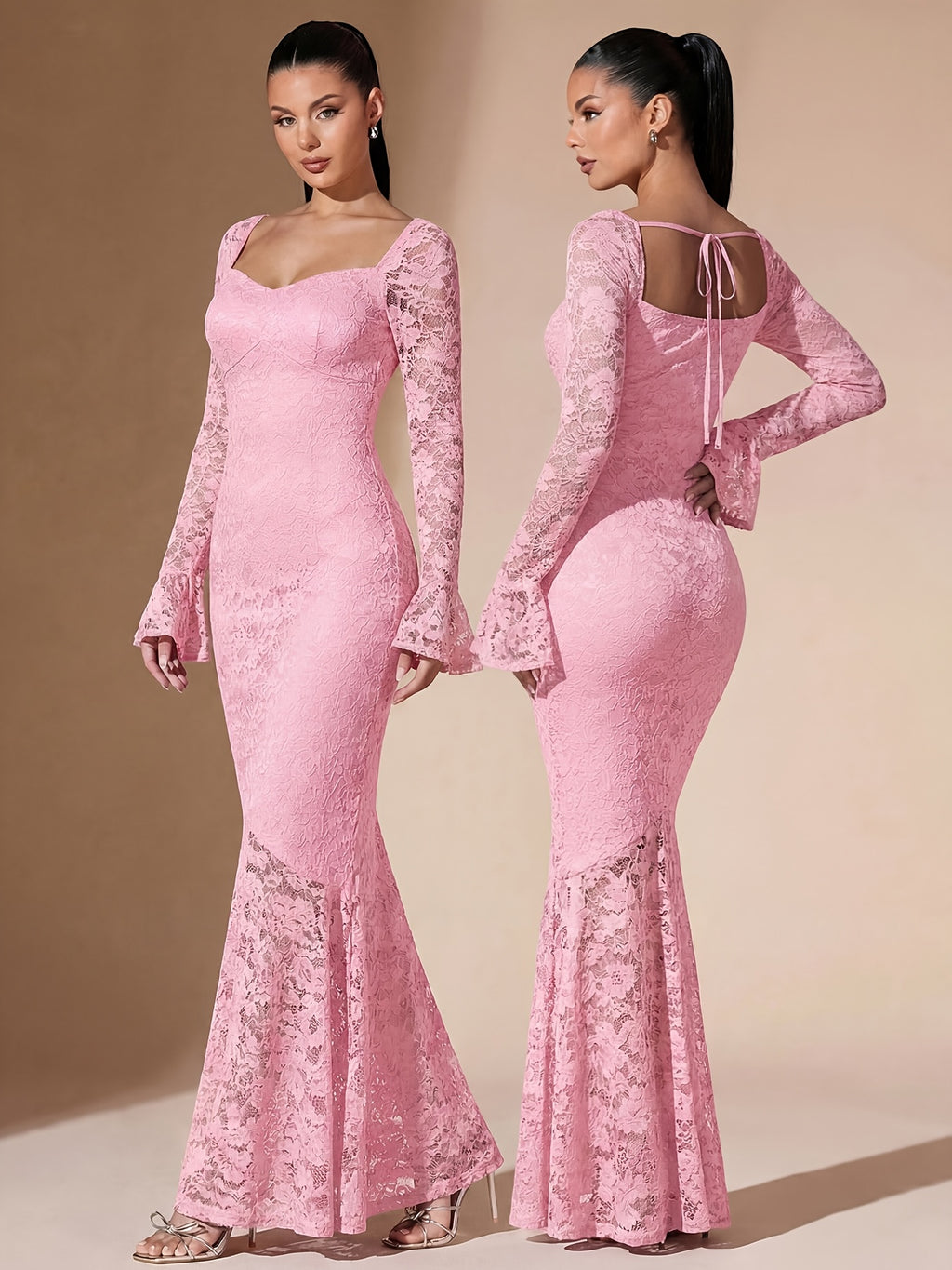 Women'S Elegant Lace Sheer Square Neck Backless Fitted Mermaid Black Long Dress, Party Elegant Evening Dress Women'S Birthday Dress - pink