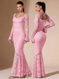 Women'S Elegant Lace Sheer Square Neck Backless Fitted Mermaid Black Long Dress, Party Elegant Evening Dress Women'S Birthday Dress - pink