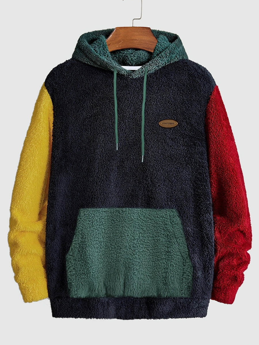 Men's Multicolor Plush Hoodie with Contrast Embroidery, Warm for Autumn/Winter, Long Sleeve, Machine Washable - Army Green