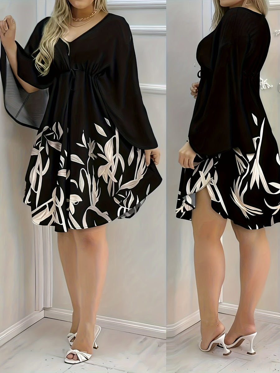 Spring And Summer New Women'S Hot Style Floral Print Tie-Up Vacation Casual Elegant Stylish V-Neck Dress - Black