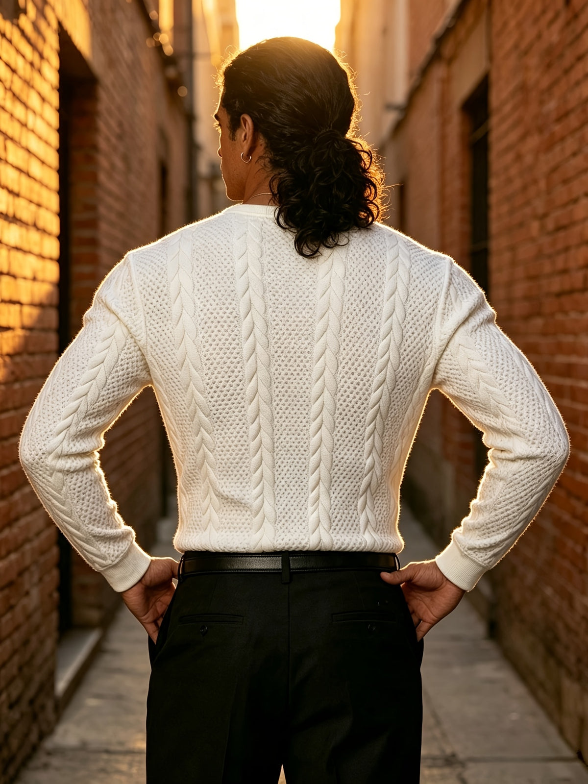 Back-To-School Season Men'S White Stretch Knit Long Sleeve Top, Henley Collar Pinstripe Textured Button-Up Shirt, Light Mature Korean Style Outfit, Early Autumn Fitted Style, Campus Outing And Weekend Shopping Knitwear - White