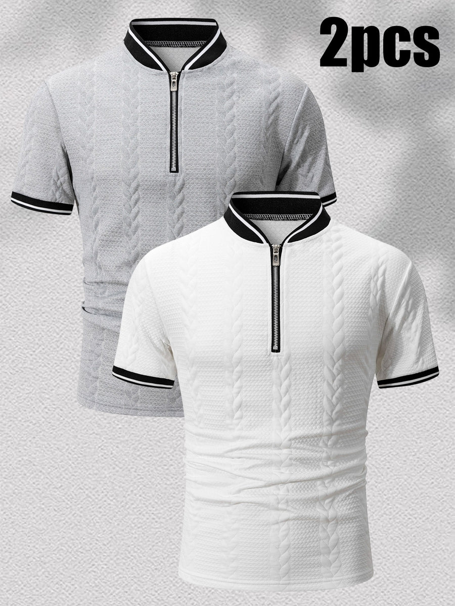 2pcs Men'S Ribbed Half-Zipper Short Sleeve Polo Shirts, Textured Knit Breathable T-Shirts, Commute Vacation Sports Casual Stand-Up Short Sleeves, Contrast Trim Collar And Cuffs, Zippered Placket Design, Suitable for Summer Casual/Commute/Date Wear - Off-white+light grey