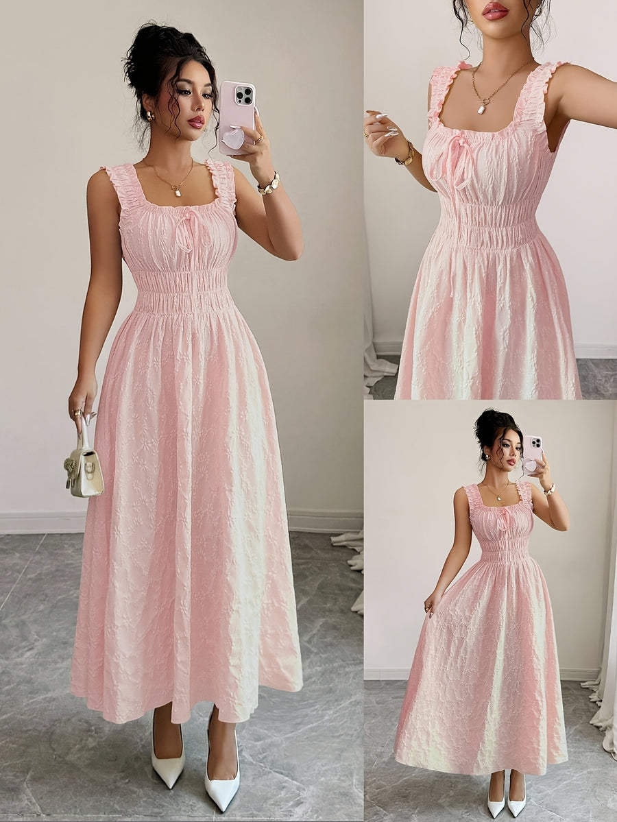 New Women's Textured Floral Fabric, Spaghetti Strap with Bow Waist Design - Elegant and Versatile Women's Dress - Elegant Party Wear, Date Night, 1pc, Buen Fin Shopping Festival, New Year's Daily Wear, Parties, Wedding Night, Stylish and Versatile - pink color