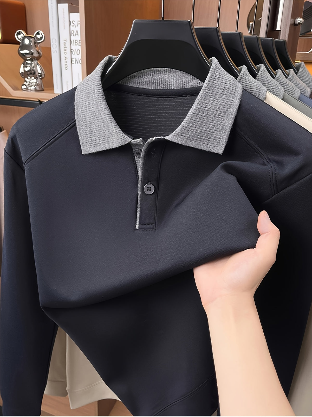 Autumn Contrast Collar Long Sleeve Polo Shirt, Men'S Drop Shoulder Knit Pullover, Spring Autumn Business Casual Base Layer Top, Loose Patchwork Collar T-Shirt, Casual Fishing Top - Shangqing