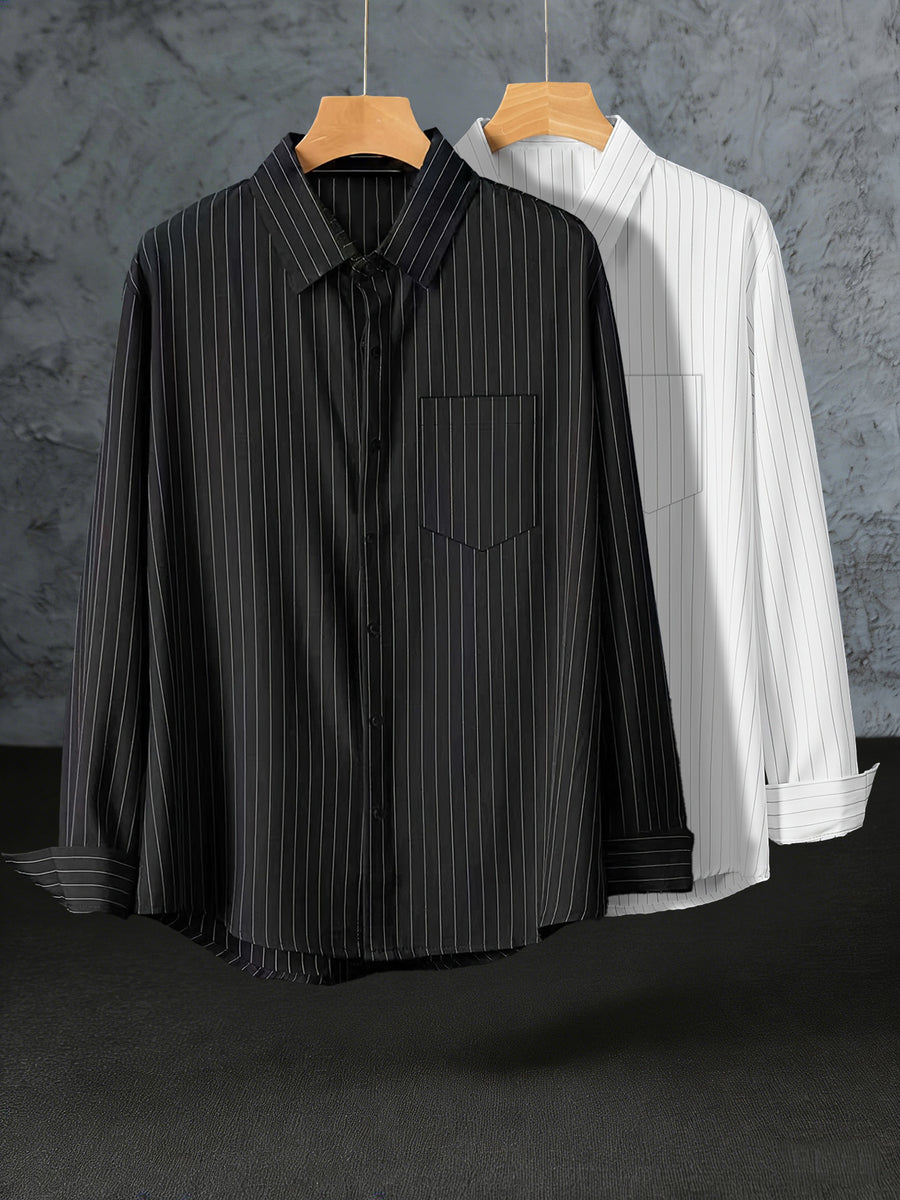 Early Spring/Autumn Value Two-Pack Thin Trendy Men's Long-Sleeve Striped Shirt, Versatile Fashion Casual Business High-End Outerwear Shirt - White+black