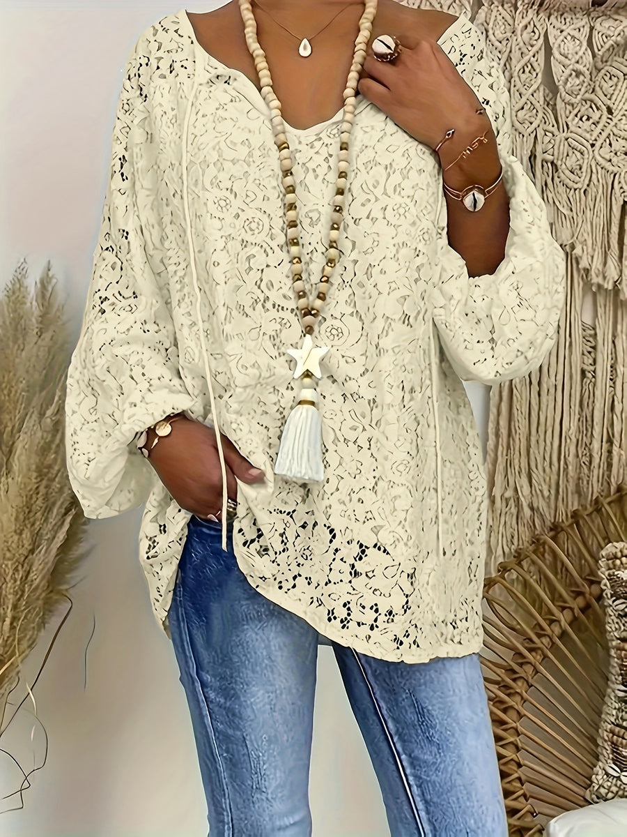 Ladies' clothing, casual fashion, elegant, transparent, solid color long sleeved, lace, solid color shirt - Apricot