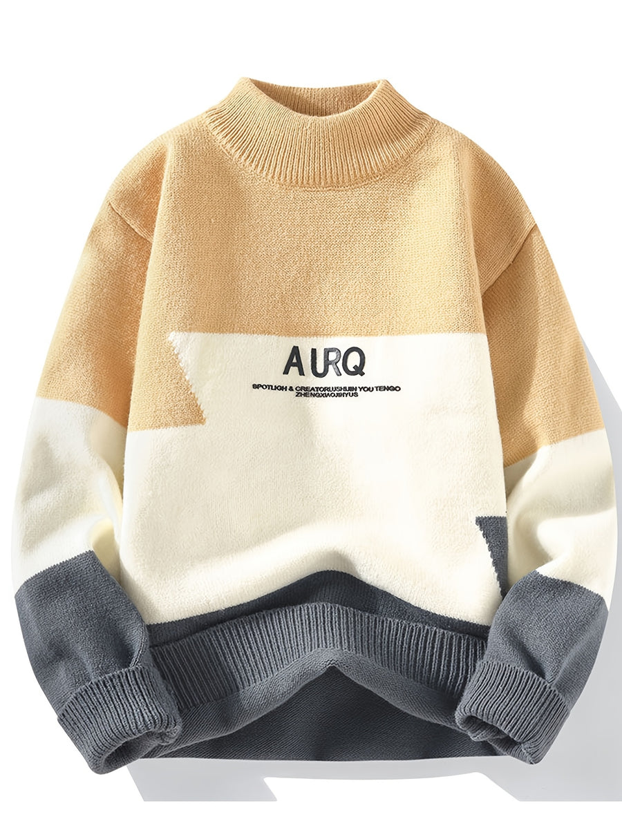 2026 Autumn/Winter New Youth Men'S Round Neck Fashionable And Casual Versatile Color Contrasting Knitted Sweater - Khaki