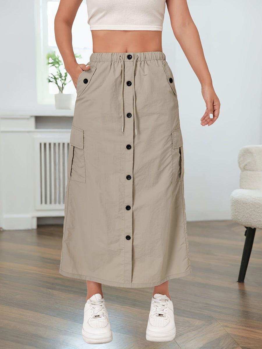 American-style Quick-Dry Women's Multi-Pocket Workwear Skirt with Button Placket, Casual High-Waist Commuter Midi Skirt - Khaki