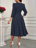 2026 New Valentine's Day/New Year Party/Suitable for Daily Work Wear/Suitable for All Seasons Elegant Fashion Versatile Daily Date V-Neck 3/4 Sleeve Waist Flared Long Red and Blue Women's Elegant Dress, Women's Polka Dot Small Heart Print Dress - Multicolor