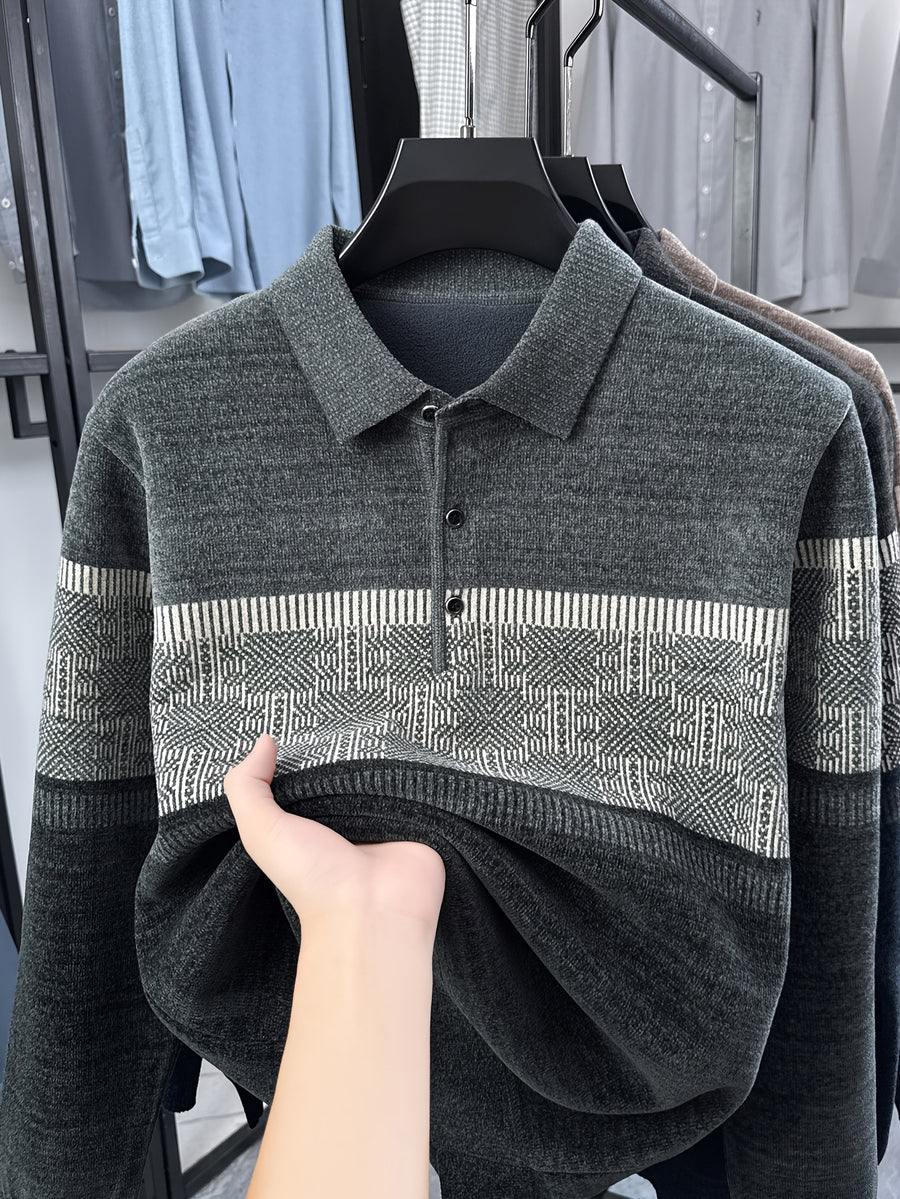 Men's Color-Block Knit Pullover, Casual Warm Autumn/Winter POLO Sweater - Dark Gray