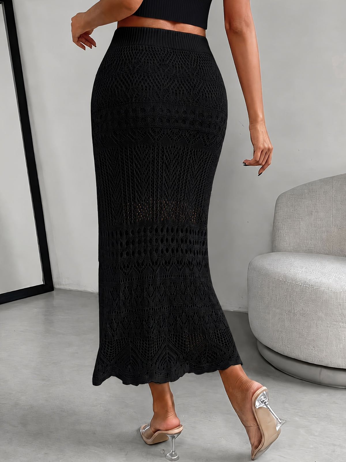 Women's Solid Color Hollow-Out Long Elegant Dress, Suitable for Summer, Spring, Summer Beach Vacation Style, Daily Casual Wear - Black