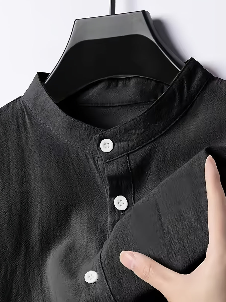 Men's Stand Collar Long Sleeve Henley Shirt, Textured Linen Casual Shirt, Versatile Loose Fit Top for Commuting - Black