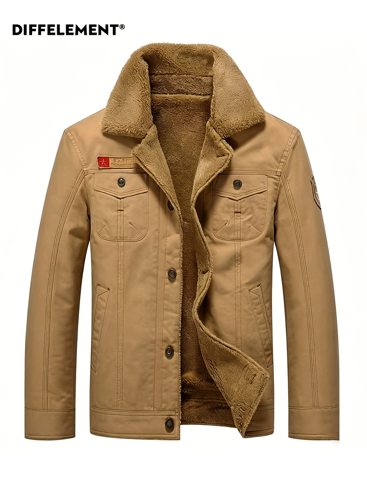 Men's Large Lapel Denim Work Jacket, Thickened for Locking in Heat and Cold Resistance, Wear-Resistant Washed Twill Workwear Fabric, Slim Fit Vintage Biker Style, Autumn/Winter Streetwear Commuter Biker Outfit, Full Lining, Chest Flap Patch Pocket - Khaki