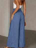 Boho Vacation Holiday French Wide Leg Pants,High Waist Drawstring Elastic Loose Fit Casual Trousers Beach Commute Slim Fit - Peacock Blue