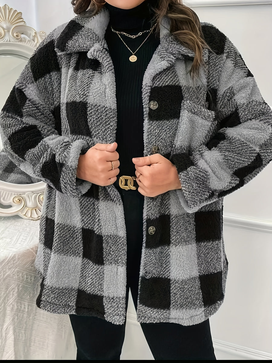 Women's Elegant Casual Plaid Jacket, Suitable for Travel, Leisure, and Strolling, a Warm, Loose-fitting Plush-patched Casual Coat - Black And Gray Grid