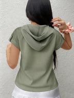 2026 New Women's Hoodie with Waffle Fabric Patchwork, Short Sleeves, Decorative Buttons, and Hood - Olive Green