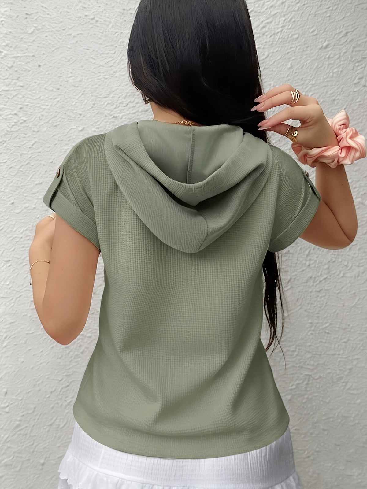 2026 New Women's Hoodie with Waffle Fabric Patchwork, Short Sleeves, Decorative Buttons, and Hood - Olive Green