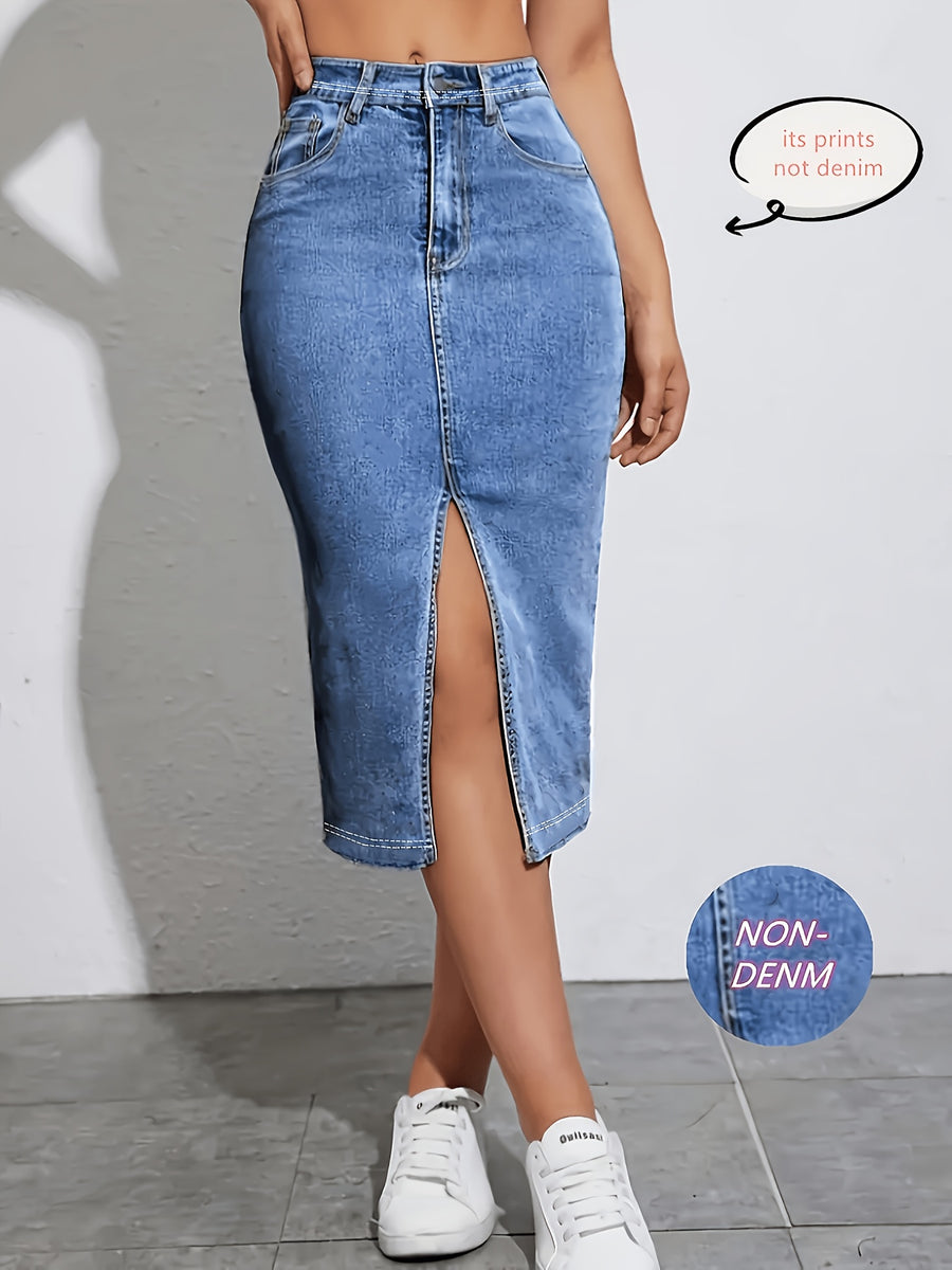 [Printed Skirt - Not Faux Denim Fabric](Non-Faux Denim) 9145 Fashion Faux Denim Printed Skirt with [YTD Cherry]., Faux Denim Print/Front Slit/Stretchy Waistband. Comfortable Fabric - Blue