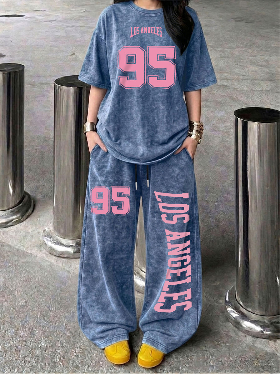 Trendy "LOS ANGELES" No. 95 Digital Print New Spring/Summer Casual Jersey Sportswear, Street Sport Style Crew Neck Short Sleeve T-Shirt and Long Pants 2pcs Set, Washed Outfit, American Street Academic Style - Denim Blue