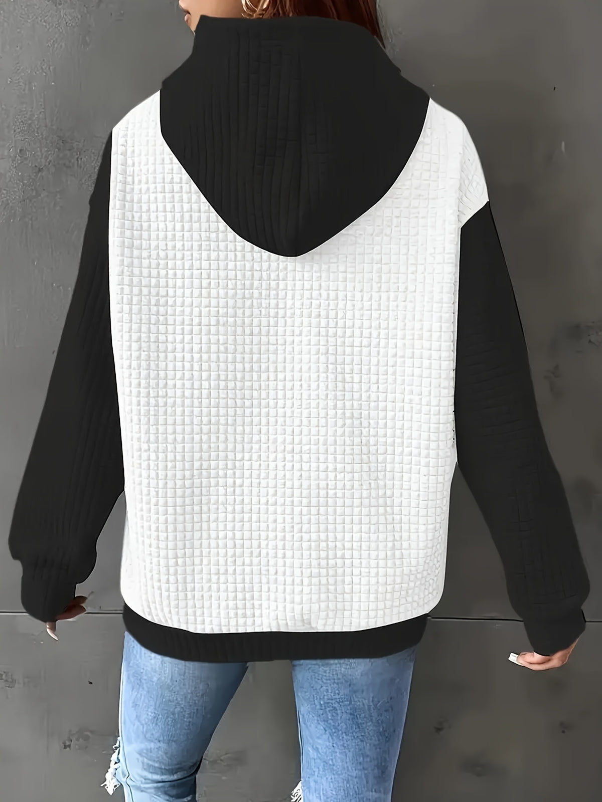 Women's Casual Oversized Hoodie with Checkered Texture & Letter Print, Kangaroo Pocket, Long Sleeve Loose Fit Sweatshirt for Fall Winter, Machine Washable, Fall Fashion, Relaxed Style, Comfortable Texture, Print Sweatshirt, Cozy Wear - White