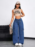 Multi-Pocket Stretch Straight-Leg Pants - Navy Color
