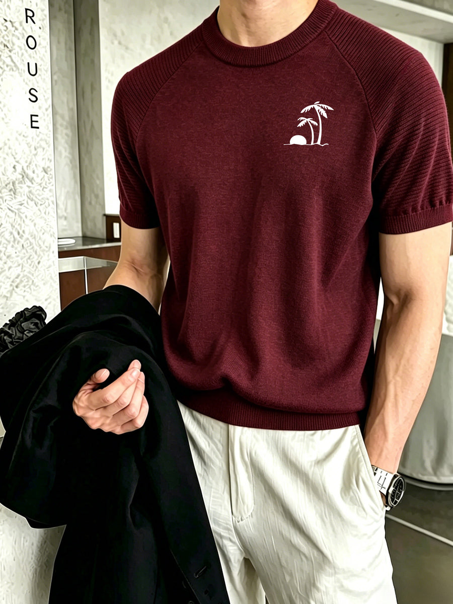 Men's Raglan Short Sleeve Knit Sweater with Coconut Tree and Sunset Small Embroidery, Crew Neck Casual Pullover Top - Burgundy