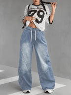 Women'S High Waist Loose Fit Wide Leg Jeans - Street Style, Slant Pockets, Elasticated Drawstring Waist, Non-Stretch Fabric, Perfect for Casual Attire, Casual Pants, Flowy Pants, Nonstretch Fabric - Light Blue