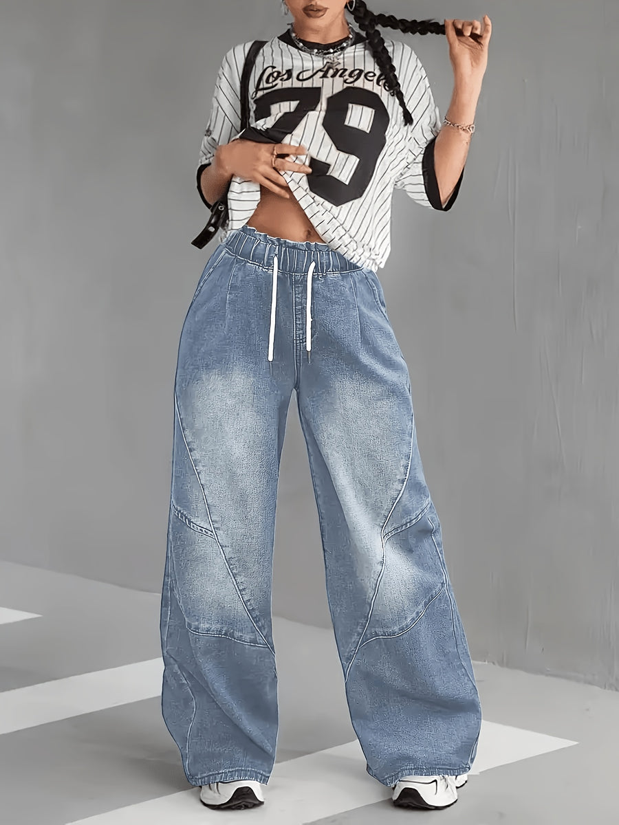 Women'S High Waist Loose Fit Wide Leg Jeans - Street Style, Slant Pockets, Elasticated Drawstring Waist, Non-Stretch Fabric, Perfect for Casual Attire, Casual Pants, Flowy Pants, Nonstretch Fabric - Light Blue
