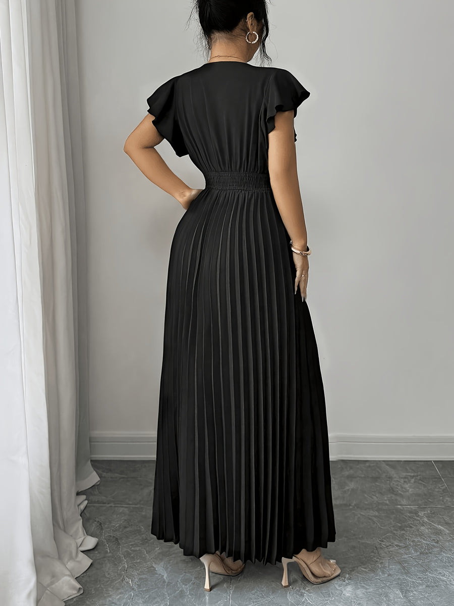 Spring Summer New Elegant Women'S Slim V-Neck Dress with Ruched Craft And Flared Skirt, Ruffled And Flounce Sleeves, Valentine'S Day Party Dress, Commute Fashion Skirt - Black