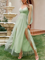 Women'S Summer New Solid Color Mesh Patchwork Elegant Long Sleeve Dress - Yellow-green