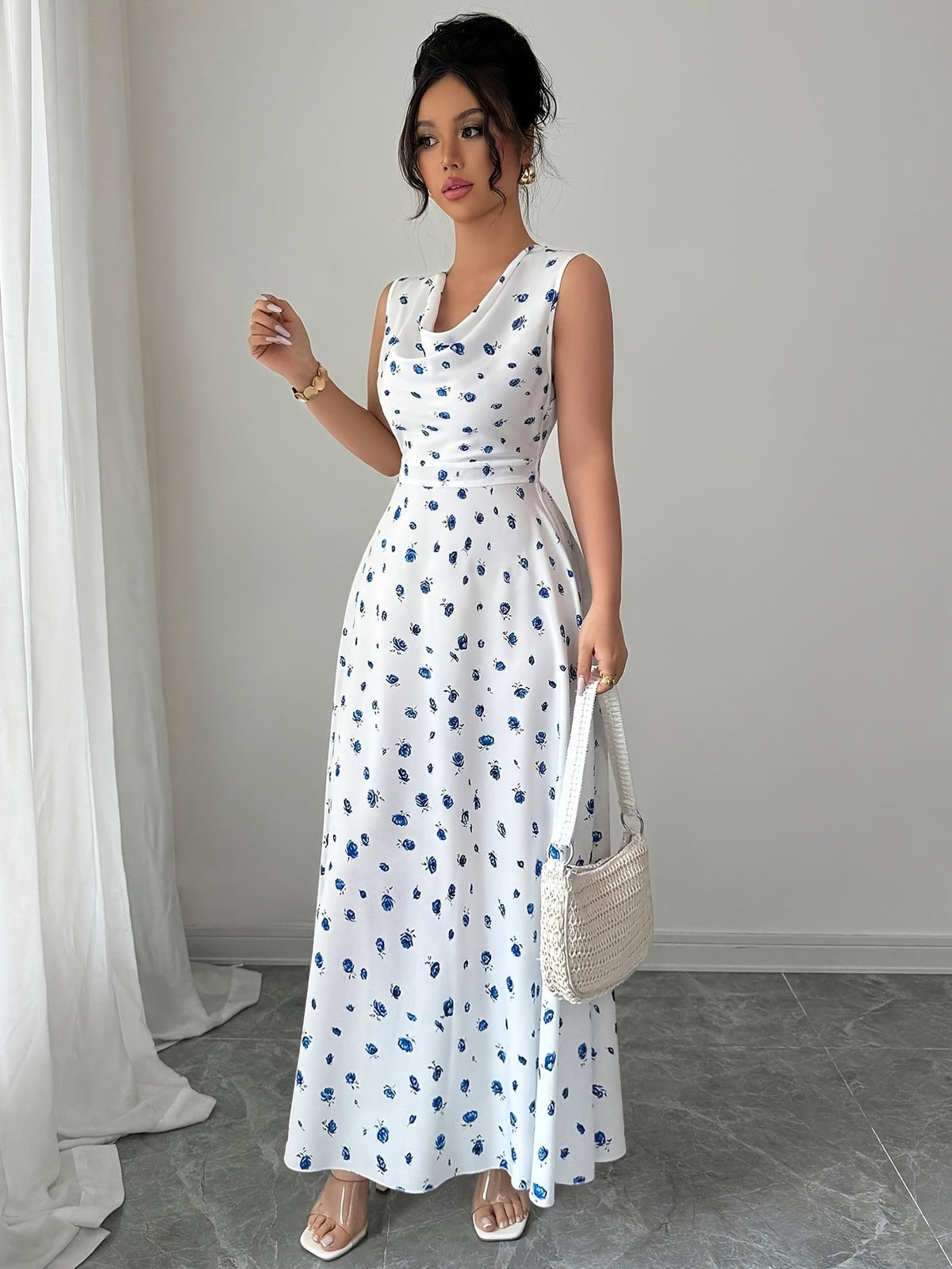 Women's Summer Vacation  Floral Print Elegant Cinched Waist Sleeveless Long Dress, Simple and Stylish - Mixed colors
