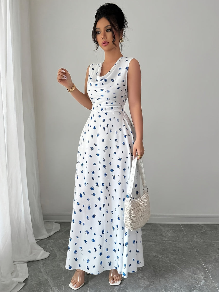 Women's Summer Vacation  Floral Print Elegant Cinched Waist Sleeveless Long Dress, Simple and Stylish - Mixed colors