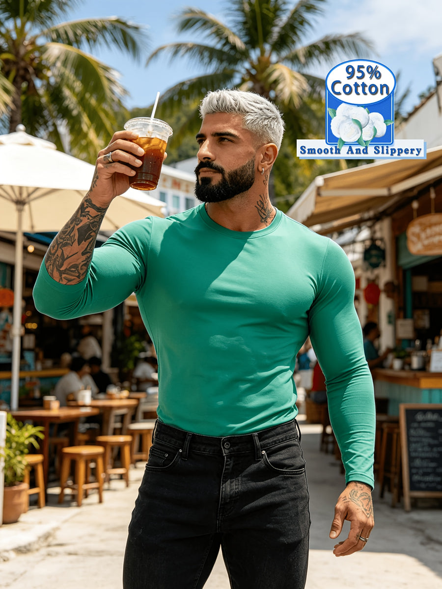 New Spring/Summer Men's Top, Fashionable Sporty Cotton Crew Neck Long Sleeve, Casual and Comfortable, Lightweight Summer Outerwear, Trendy Style - Green