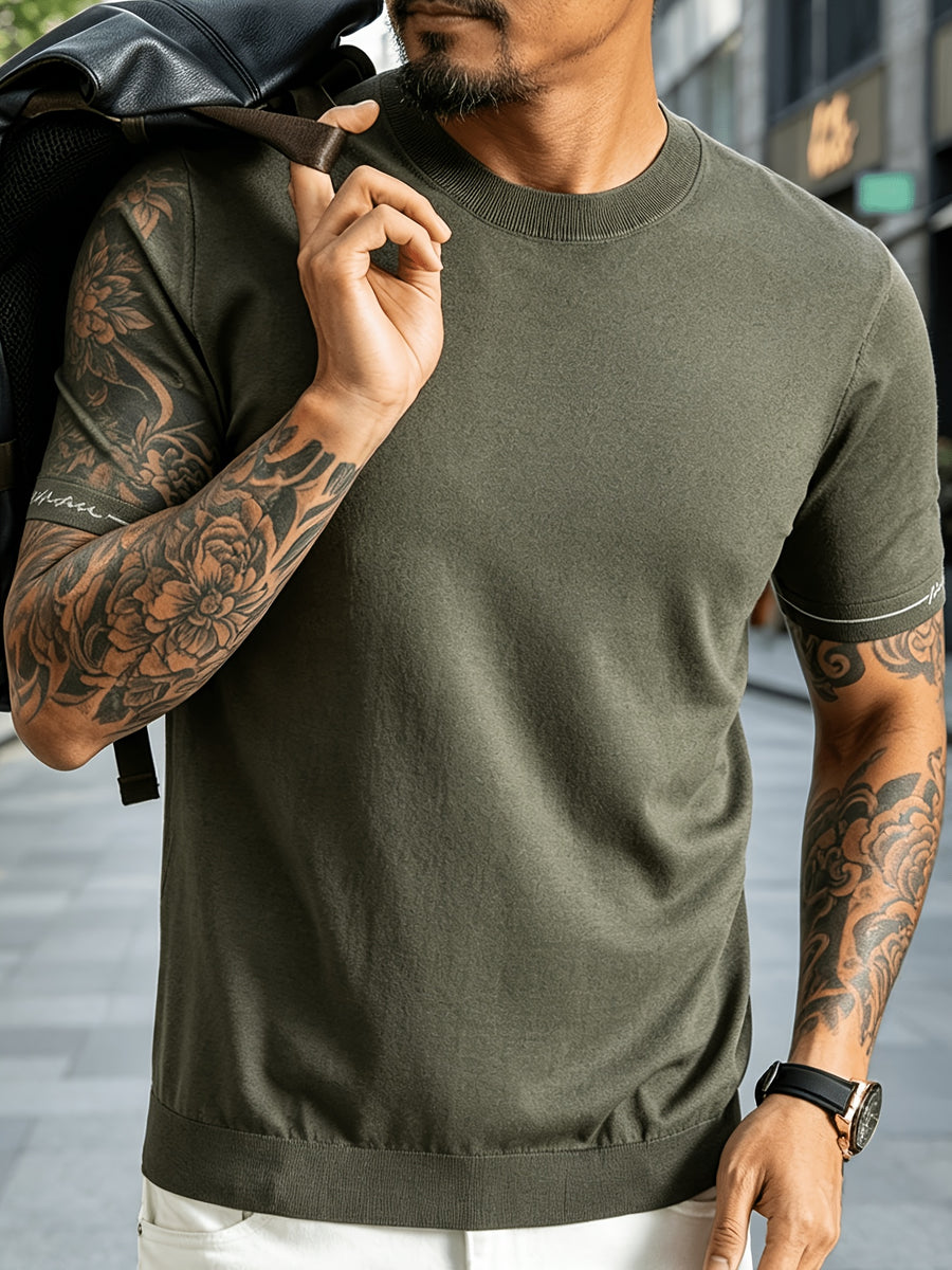 Men' Summer Short-Sleeve Knit Shirt with White-Trimmed Cuff - Stretchable Round Neck -Compatible Suitable for Urban Streetwear & Business Casual, Solid Color Multi-Color Tunic Top for Commuting and Office Wear - Autumn Bamboo Green