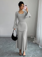 Women'S Solid Ribbed Flared Sleeve Back Tie Traditional Long Dress Elegant Long Dress - Light Grey