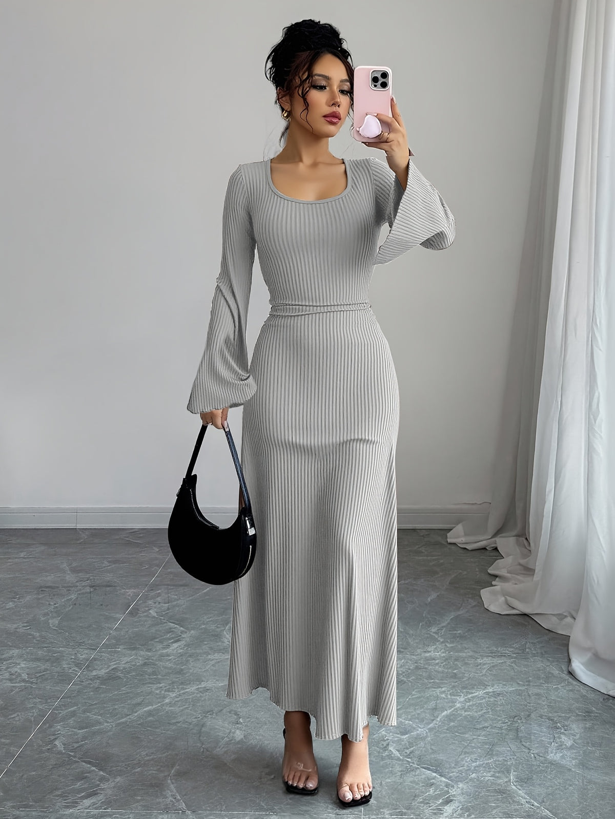 Women'S Solid Ribbed Flared Sleeve Back Tie Traditional Long Dress Elegant Long Dress - Light Grey