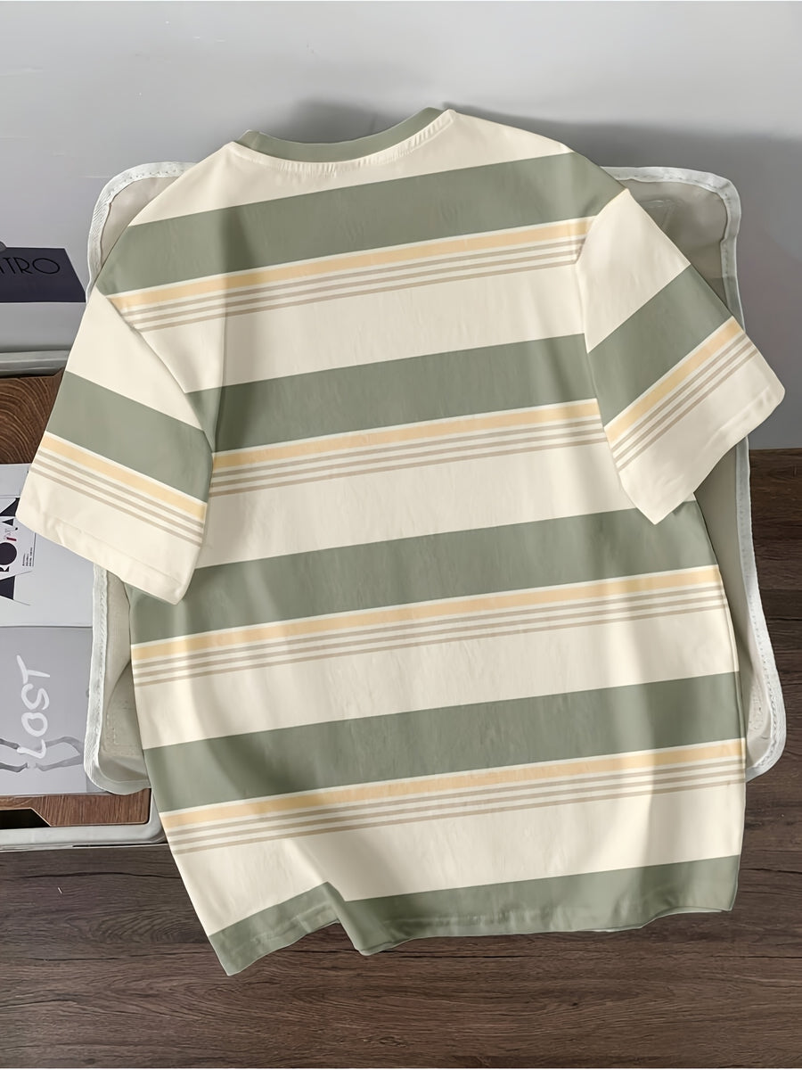Men'S Casual Striped Cuff Patchwork Round Neck Summer T-Shirt, Comfortable And Breathable [Printed Design - Not Textured] - Mixed Color 10